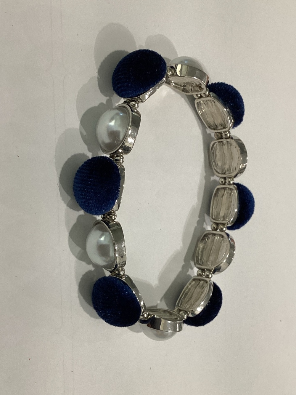 Plunder Navy‎ Blue Velvet and Silver Pearl Stretch Bracelet